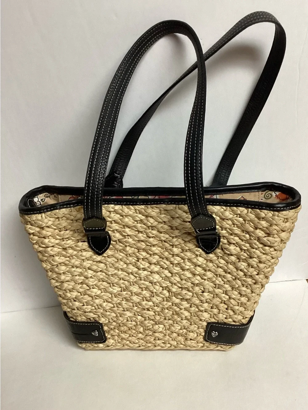 Brighton Handwoven Straw & Black Leather Handbag